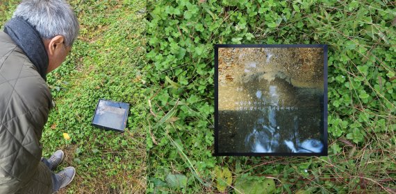 [익산=뉴시스]박현주 기자= 김용택 시인의 시가 작은 그릇 물속으로 들어가 앉았다. 풀밭에 놓인 '시 공간'은 자연의 모든 것을 품으며 사람들의 발길을 멈추게 하고 있다. 김용택 시인 물속에 담긴 자신의 시를 신기한 듯 바라보고 있다. 2022.11.17.hyun@newsis.com