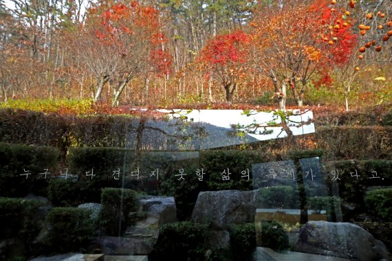 [완주=뉴시스] 박진희 기자 = 김용택 시인의 시와 조덕현 작가의 설치미술을 콜라보 한 작품이 16일 전북 완주군 오스갤러리에서 전시하고 있다. 2022.11.16. pak7130@newsis.com