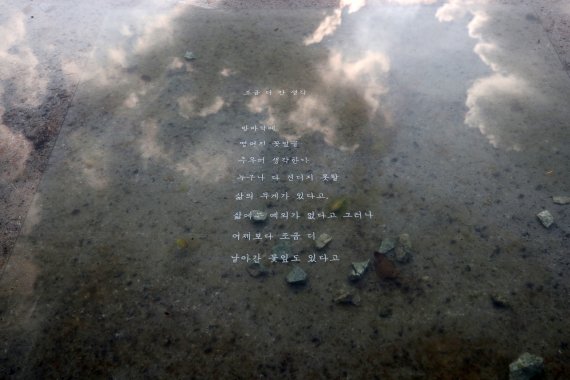 [완주=뉴시스] 박진희 기자 = 김용택 시인의 시가 물속에 담겨 구름을 품고 있다. 조덕현 작가와 콜라보한 전시가 전북 완주군 오스갤러리에서 선보이고 있다. 2022.11.16. pak7130@newsis.com