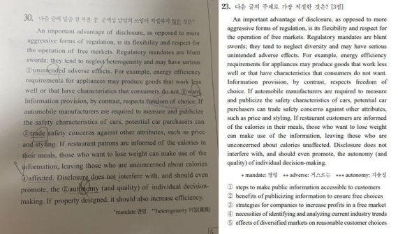 온라인 커뮤니티에 게시된 대형 입시학원 인터넷강사 제공 사설 모의고사 지문(왼쪽)과 2023학년도 대학수학능력시험(수능) 영어영역 23번 문항. /뉴스1