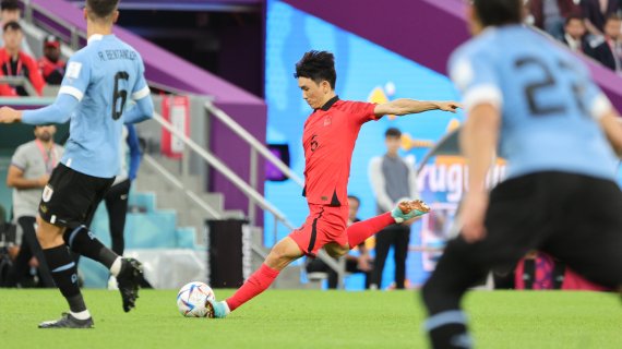 24일 오후(현지시간) 카타르 알라이얀 에듀케이션 시티 스타디움에서 열린 2022 카타르 월드컵 조별리그 H조 1차전 대한민국-우루과이 경기에서 황인범이 힘차게 공을 차고 있다. 2022.11.24/뉴스1 ⓒ News1 이동해 기자