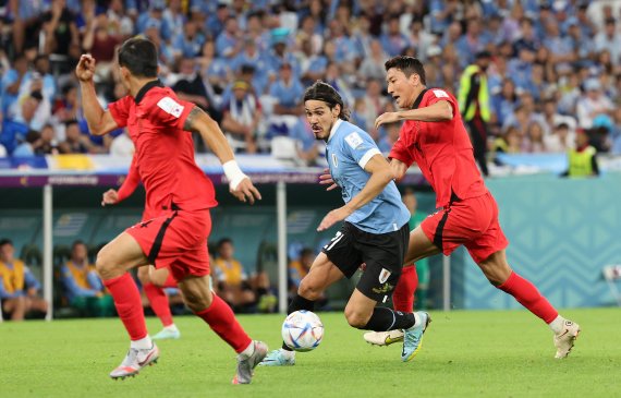 정우영이 24일 오후(현지시간) 카타르 알라이얀 에듀케이션 시티 스타디움에서 열린 2022 카타르 월드컵 조별리그 H조 1차전 대한민국과 우루과이의 경기 후반전에서 우루과이 카바니를 묶고 있다. 이날 경기는 득점 없이 0대 0 무승부로 마쳤다. 2022.11.25/뉴스1 ⓒ News1 이동해 기자