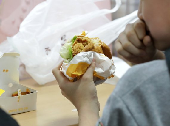 한 학생이 점심으로 햄버거를 먹고 있다. /사진=뉴스1화상