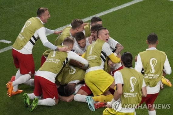 지난 26일(현지시간) 폴란드와 사우디아라비아 경기에서 로베르트 레반도프스키 득점에 기뻐하는 폴란드 동료들 / 사진=AP연합뉴스