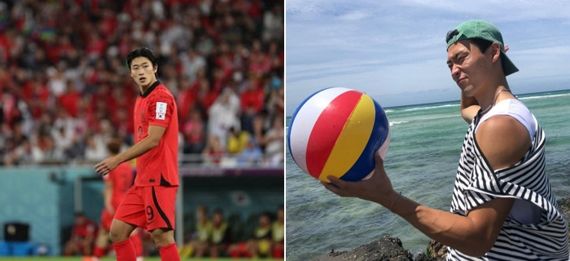 (왼) 우루과이전에서 월드컵 데뷔전을 치른 조규성. 사진=뉴스1, (오) 조규성 SNS 캡처