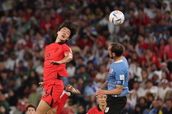 조규성이 24일 오후(현지시간) 카타르 알라이얀 에듀케이션 시티 스타디움에서 열린 2022 카타르 월드컵 조별리그 H조 1차전 대한민국과 우루과이의 경기에서 공중볼경합을 하고 있다. 2022.11.25/뉴스1 ⓒ News1 이광호 기자