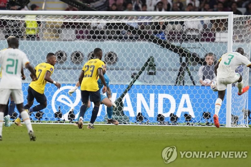 쿨리발리의 결승골 Senegal's Kalidou Koulibaly, right, scores his side's 2nd goal during the World Cup group A soccer match between Ecuador and Senegal, at the Khalifa International Stadium in Doha, Qatar, Tuesday, Nov. 29, 2022. (AP Photo/Themba Hadebe)