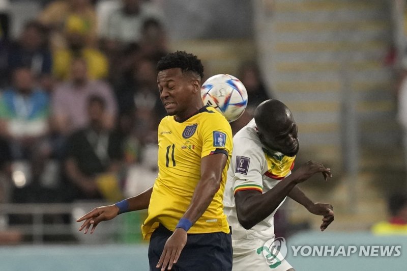 공중볼 경합 Ecuador's Michael Estrada, left, and Senegal's Kalidou Koulibaly go for a header during the World Cup group A soccer match between Ecuador and Senegal, at the Khalifa International Stadium in Doha, Qatar, Tuesday, Nov. 29, 2022. (AP Photo/Themba Hadebe)