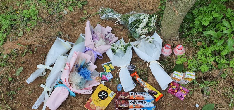 지난해 5월 12일 극단적인 선택을 한 청주 여중생 2명이 처음 발견된 곳에 국화 꽃다발 등이 놓여있는 모습. / 사진=뉴스1