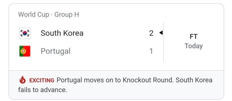 [3일 오전 1시 59분께 구글 월드컵 페이지 캡처] '대한민국이 진출에 실패했다(South Korea fails to advance)'라는 명백한 오보가 올라와 있다.
