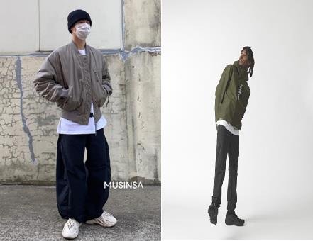 고프코어룩 [사진 왼쪽부터 그레일즈 멀티 지퍼 봄버 재킷, 살로몬 스포츠 스타일. 무신사 제공. 재판매 및 DB 금지]