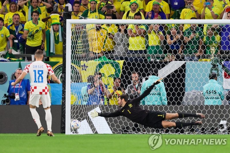Brazil's goalkeeper #01 Alisson fails to stop Croatia's forward #18 Mislav Orsic from scoring during the penalty shoot-out after extra-time during the Qatar 2022 World Cup quarter-final football match between Croatia and Brazil at Education City Stadium in Al-Rayyan, west of Doha, on December 9, 202