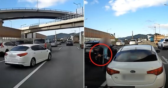 접촉사고가 발생한 후 낫을 꺼낸 운전자의 모습. 유튜브 '한문철 TV' 캡처