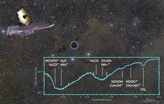 '루퍼스 I' 성간구름에서 태어나고 있는 태아별에서 제임스 웹 우주망원경에 의해 다양한 얼음형태의 유기분자 흡수선이 관측됐다. 이미지의 가운데 파란색 동그라미가 태아별 'IRAS15398-3359'가 두꺼운 물질에 묻혀있는 위치를 표시하고 있다. 가브리엘 로드리게스 산토스 제공