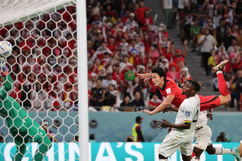 28일 오후(현지시간) 카타르 알라이얀 에듀케이션 시티 스타디움에서 열린 2022 카타르 월드컵 조별리그 H조 2차전 대한민국과 가나의 경기에서 대한민국 조규성이 헤더로 동점골을 성공시키고 있다. 2022.11.29/뉴스1 ⓒ News1 이광호 기자