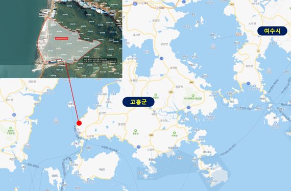 전남도가 '어선건조지원센터 구축 사업' 국비를 확보해 전국 최초로 고흥군 도양읍 일원에 조선소, 검사소, 연구소 등을 집적화해 어선 조선산업을 규모화할 계획이다. 사진은 센터 예정부지 위치도. 사진=전남도 제공