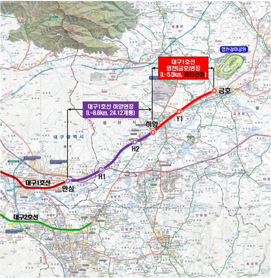 대구도시철도1호선 하양~영천(금호)연장 사업에 청신호가 켜졌다.사진은 대구도시철도1호선 하양~영천(금호)연장 구간. 사진=경북도 제공