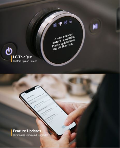 LG 세탁기에 업그레이드 기능을 추가할 수 있다는 알람이 뜬 모습(위) 고객이 LG 씽큐 앱의 업그레이드 센터에서 새로운 기능을 다운로드 받고 있다. LG전자 제공