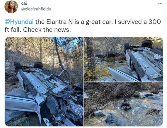 현대자동차 아반떼N(현지명 엘란트라N)의 고객이 트위터를 통해 "현대차 아반떼 N은 정말 훌륭한 차량이다. 300피트(91m) 아래 떨어져서도 나는 살아남았다"고 전했다. 클레오 필스 트위터 캡처