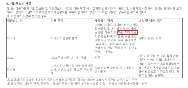 네이버 마이박스 이용약관의 '개인정보 처리 방침' [네이버 웹페이지에서 캡처. 재판매 및 DB 금지]