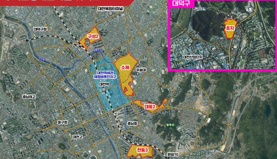 대전시가 본격 추진을 발표한 대전지역 5개 주거환경개선사업지구 위치도.
