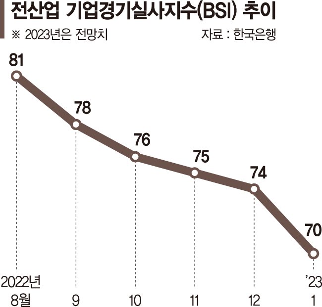 기업경기 체감도 전망도 2년만에 최악... 한은, 12월 전체 산업 BSI 74