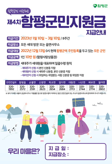 전남 함평군이 군민 생활 안정과 지역 경제 활성화를 위해 모든 군민에게 1인당 10만 원씩 제4차 군민재난지원금을 지급한다.