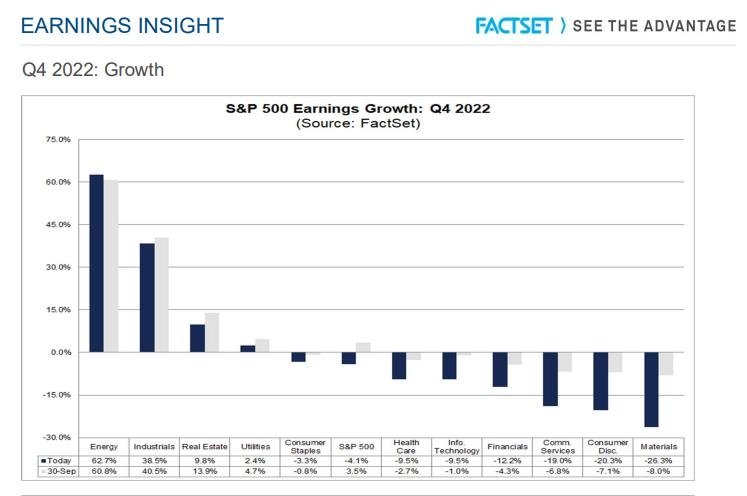 2022년 4Q S&P500지수 기업 순이익 증가율 예상치(업종별) [팩트셋 인사이트 자료 참고]