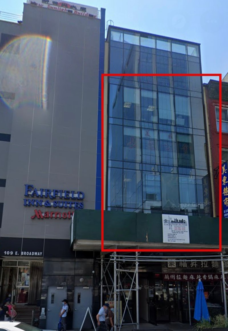 미국 뉴욕 차이나타운의 중국 비밀경찰서로 알려진 건물(빨간선 안의 건물).(구글맵 갈무리).