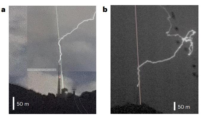 전통 피뢰침에서 레이저빔으로 연장된 레이저 피뢰침 낙뢰 실험 [Houard et al. Nature Photonics 논문 캡처]