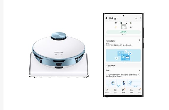 국내 최초로 한국표준협회로부터 'AI 신뢰성 인증'을 획득한 삼성 '비스포크 제트 봇 AI'(왼쪽)와 '스마트싱스 홈케어' 이미지. 삼성전자 제공