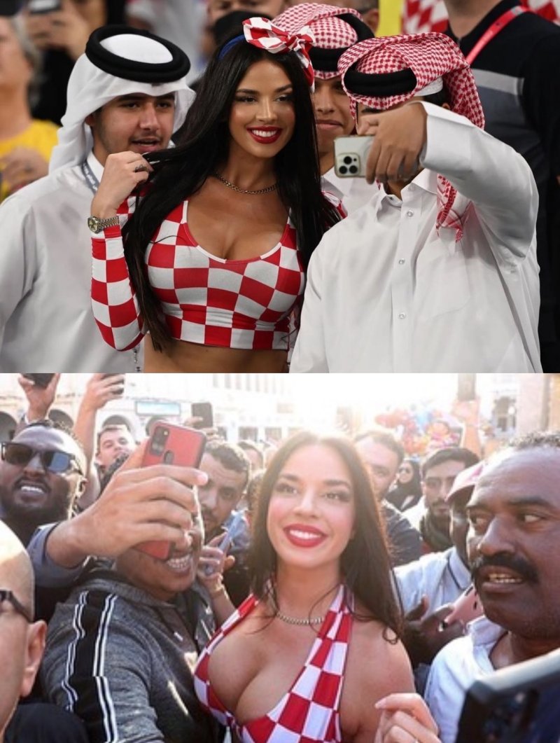 지난해 카타르 월드컵 당시 놀과 함께 사진을 찍기 위해 몰려든 현지 남성들. (이바나 놀 인스타그램)