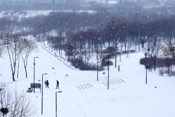 26일 서울 여의도 한강공원에 눈이 쌓여 있다. 이날 기상청은 서울을 포함한 수도권에 2~7㎝의 눈이 내릴 것으로 예보했다. 사진=박범준 기자