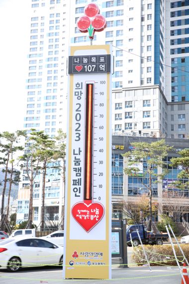 부산 '희망2023나눔캠페인' 온도탑이 100도를 조기에 달성했다. 사진=부산사회복지공동모금회 제공