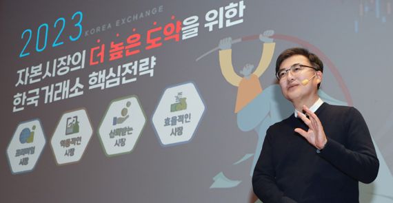 31일 손병두 한국거래소 이사장이 2023 신년 기자간담회에서 자본시장의 더 높은 도약을 위한 한국거래소 핵심전략에 대해 발표하고 있다. 사진=한국거래소