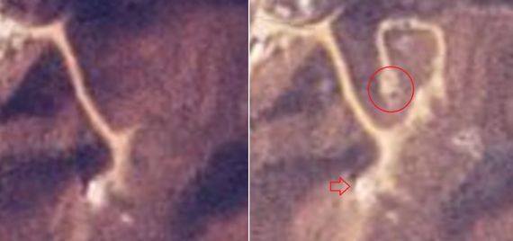 동창리 엔진시험장 일대를 촬영한 위성사진. 지난해 12월(왼쪽) 야산이었던 지점에 공사(원 안)가 진행 중이다. 주변엔 길이 조성됐다. 화살표는 최근 북한이 고체연료 엔진시험을 실시한 시험대. 사진=Planet Labs㎡