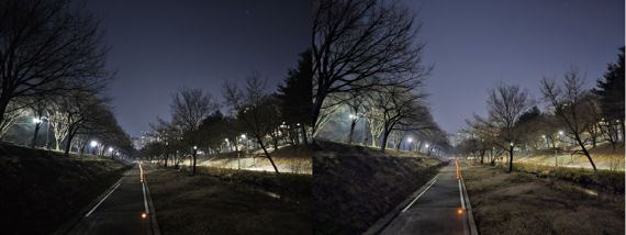 갤럭시 S23 울트라 일반 모드로 촬영한 사진(왼쪽부터), 야간 촬영모드로 촬영한 사진. 야간촬영(나이토그라피) 경험이 강화돼 저조도 촬영에서 노이즈가 적은 결과물을 얻을 수 있 /사진=임수빈 기자