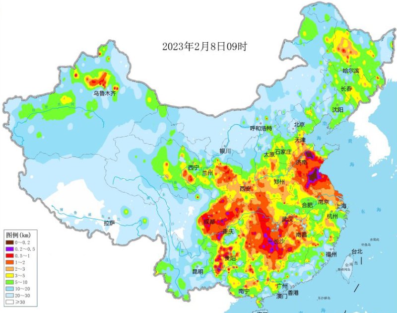 [청주=뉴시스] 연종영 기자 = 9일 고려대기환경연구소가 공개한 중국 대륙의 하루전 시정거리 측정도. 중국 중동부지방에 넓게 분포된 빨간색은 시정이 1km 이하인 것을 의미한다. (사진=고려대기환경연구소 제공) 2023.02.09. jyy@newsis.com /사진=뉴시스
