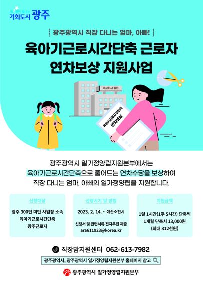 광주광역시일가정양립지원본부가 육아기에 근로시간을 단축한 근로자에게 연간 최대 31만 2000원의 연차보상비를 지급한다.