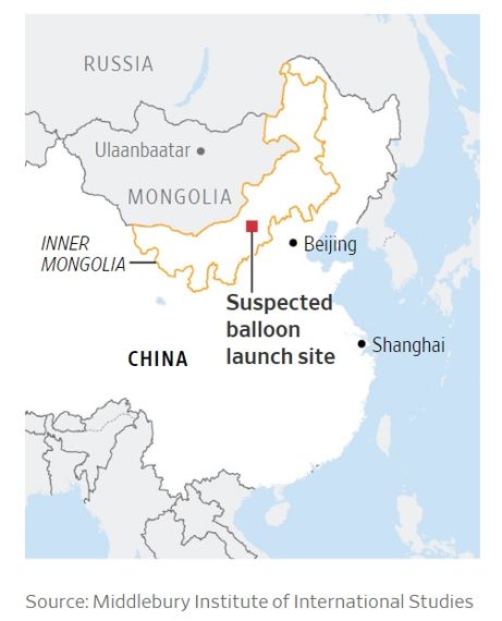 <이달 미국에서 격추된 중국의 '정찰 풍선' 출발 추정 지점> *자료:월스트리트저널(WSJ)