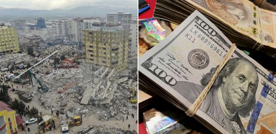 (왼)지난 10일(현지시간) 튀르키예 카라만마라슈 지진피해 현장의 모습. 사진=뉴스1, (오) 미국 화폐 달러. pixabay