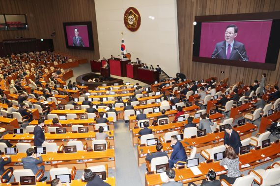 주호영 국민의힘 원내대표가 14일 서울 여의도 국회에서 열린 제403회 국회(임시회) 제6차 본회의에서 교섭단체 대표연설을 하고 있다. 사진=박범준 기자