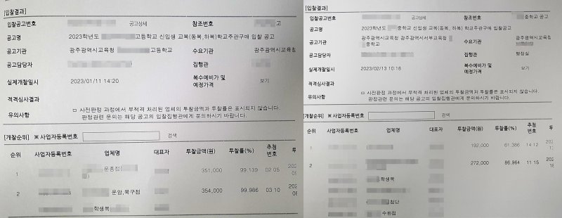 [광주=뉴시스] 국가종합전자조달 나라장터에 게시된 중·고교 교복 개찰결과. (사진=뉴시스DB). photo@newsis.com *재판매 및 DB 금지