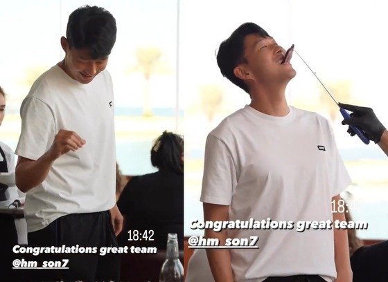 괵체의 소금 뿌리는 퍼포먼스를 따라 하고, 고기를 받아먹으며 즐거워하는 손흥민. (인스타그램 'nusr_et' 갈무리)