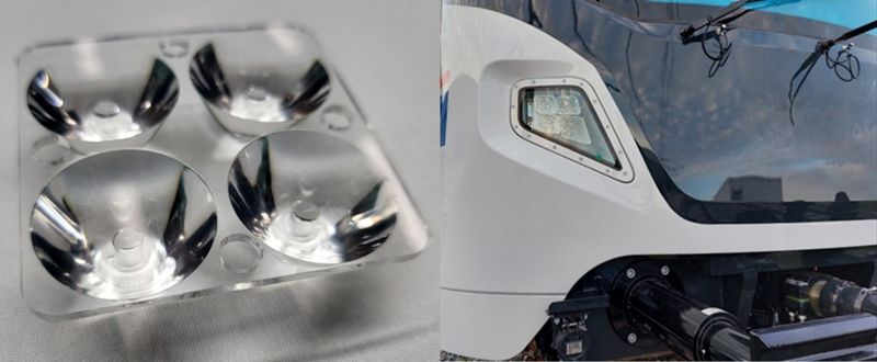 아이엘사이언스가 납품한 전동차 전조등용 실리콘렌즈(왼쪽)와 실제로 장착된 모습. 아이엘사이언스 제공.