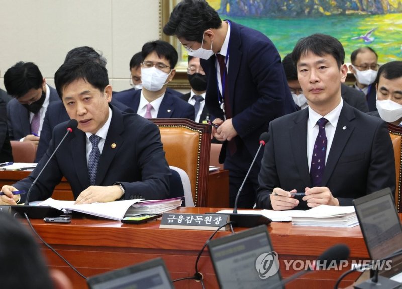 김주현 금융위원장(왼쪽)과 이복현 금융감독원장이 국회 정무위원회 전체회의에서 참석하고 있다. 연합뉴스 제공