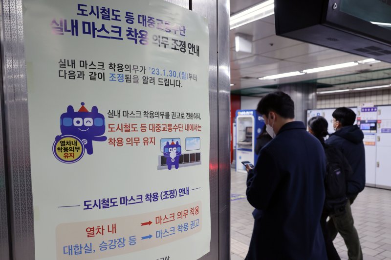 21일 서울 지하철역에 대중교통수단 실내 마스크 착용 의무 조정 안내문이 붙어 있다. 사진=서동일 기자