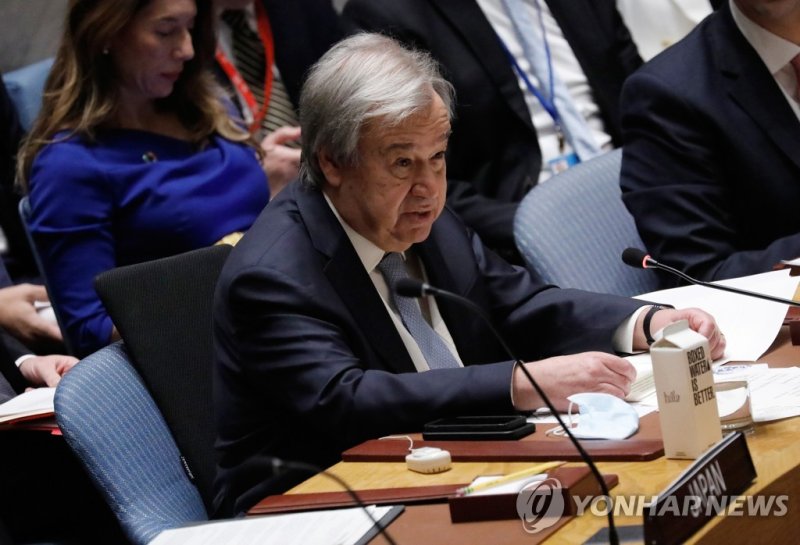 안토니우 구테흐스 유엔 사무총장. United Nations Secretary-General Antonio Guterres speaks at a United Nations Security Council Meeting on the Ukrainian, Russian conflict at United Nations headquarters on Friday, February 24, 2023 in New York City. Photo by Peter Foley/UPI