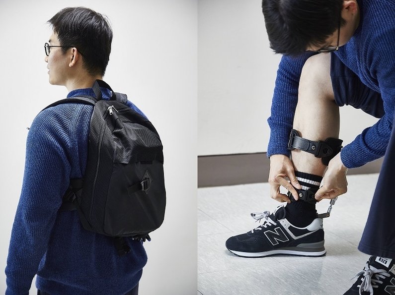 국내 공동연구진이 개발한 보행 보조로봇 '어시스트'는 초경량화 설계를 통해 신발안에 넣어 신고 옷 속에 설치해도 잘 드러나지 않도록 만들었으며(오른쪽 사진), 공기압력을 만들어주는 장치를 백팩형태로 만들었다. 생산기술연구원 제공