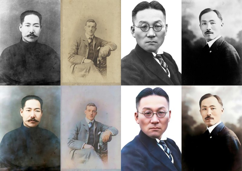 사진은 김좌진 장군(왼쪽부터), 어니스트 토마스 베델, 송진우 선생, 안창호 선생의 색채사진 복원 전과 후 모습. (국가보훈처 제공) 2023.2.27/뉴스1